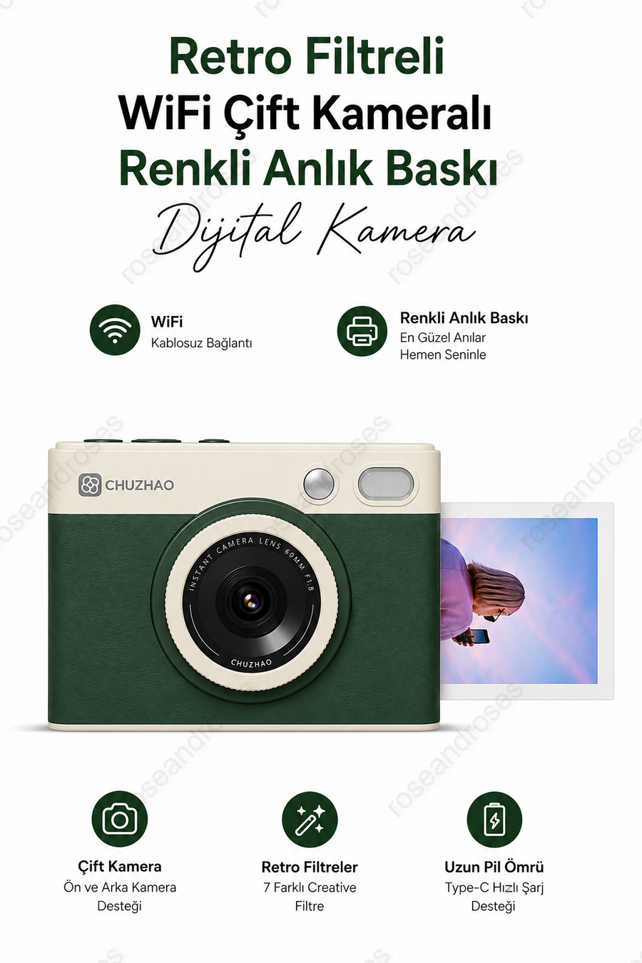 Retro Filtreli WiFi Çift Kameralı Renkli Anlık Baskı Dijital Kamera (Yeşil)