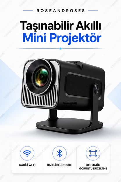 Taşınabilir Akıllı Dahili Wifi Özellikli Otomatik Düzeltmeli Mini Projektör