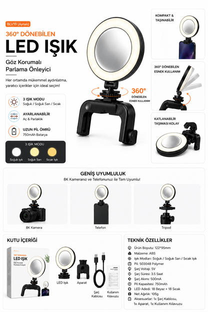 8K Kamera Tripod ve Telefon Uyumlu Ayarlanabilir Şarjlı Led Işık