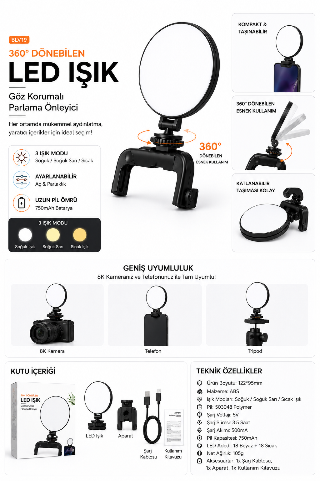8K Kamera Tripod ve Telefon Uyumlu Ayarlanabilir Şarjlı Led Işık