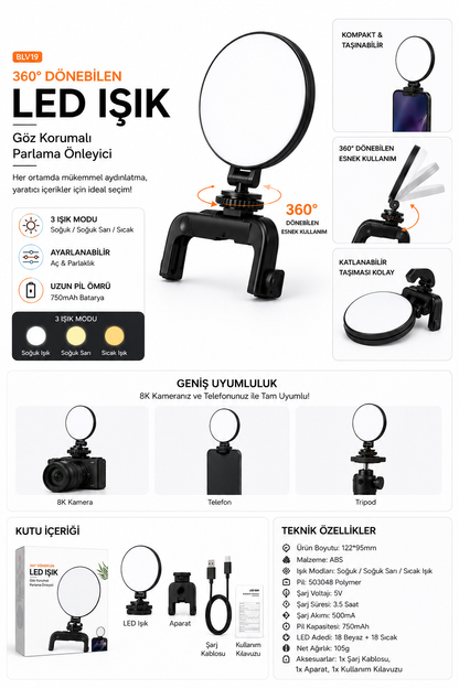8K Kamera Tripod ve Telefon Uyumlu Ayarlanabilir Şarjlı Led Işık