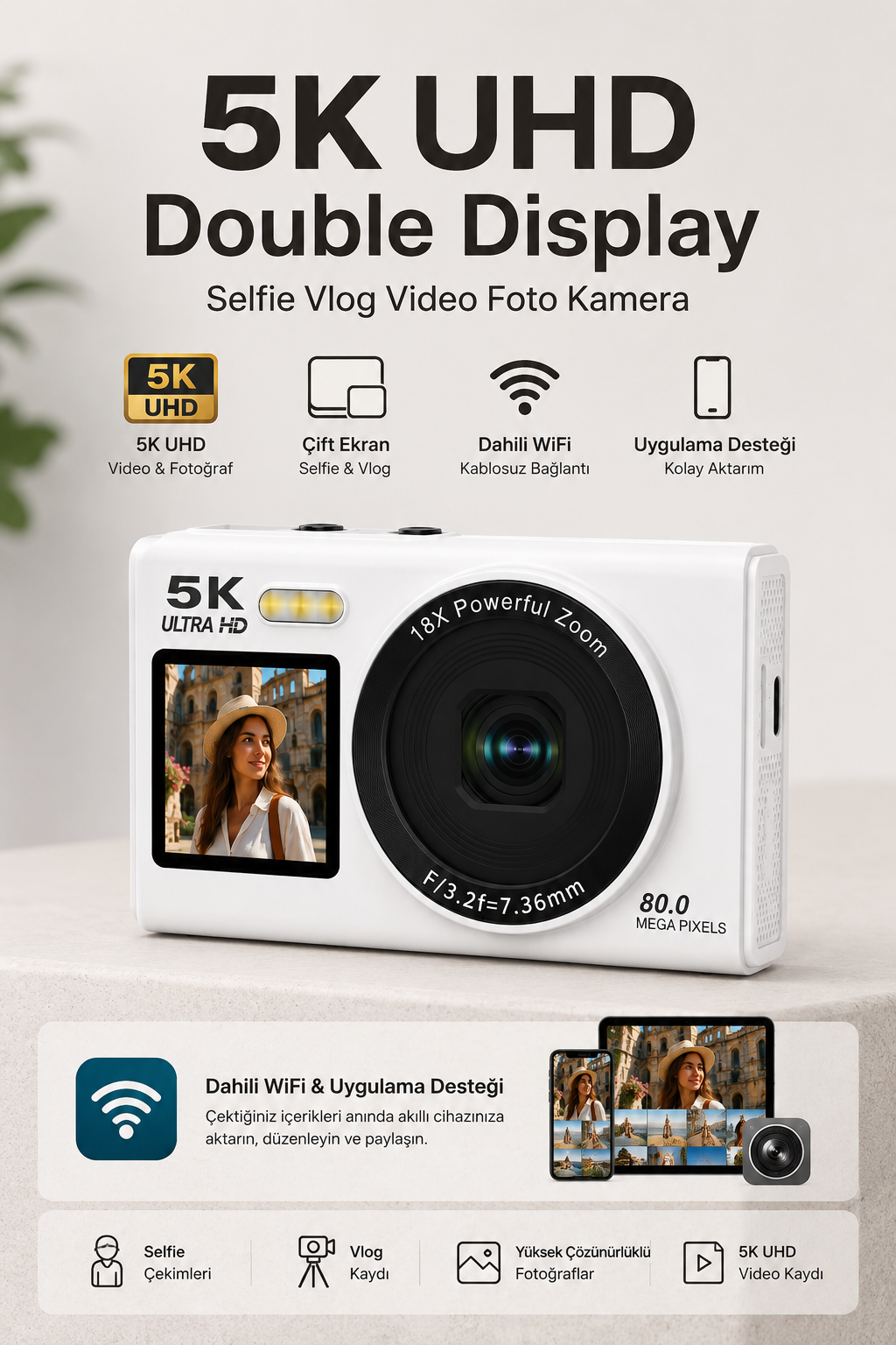 5K UHD Double Display Selfie Vlog Video Foto Kamera (Beyaz)