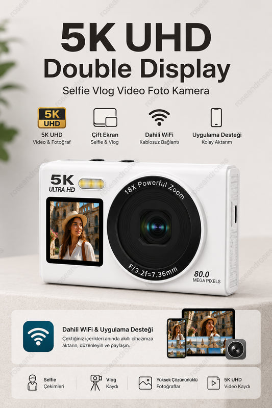 5K UHD Double Display Selfie Vlog Video Foto Kamera (Beyaz)