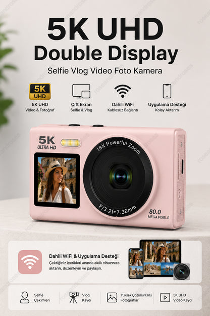 5K UHD Double Display Selfie Vlog Video Foto Kamera (Pembe)