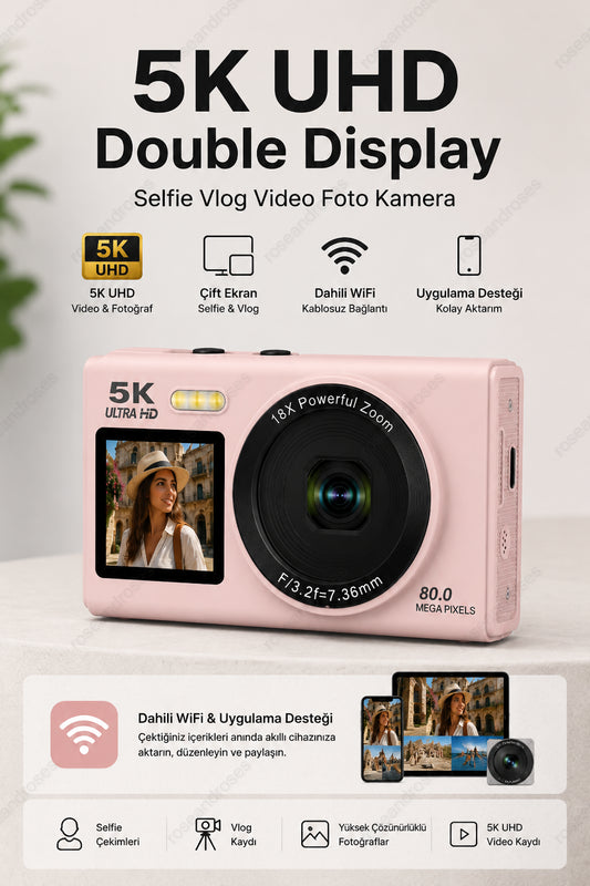 5K UHD Double Display Selfie Vlog Video Foto Kamera (Pembe)