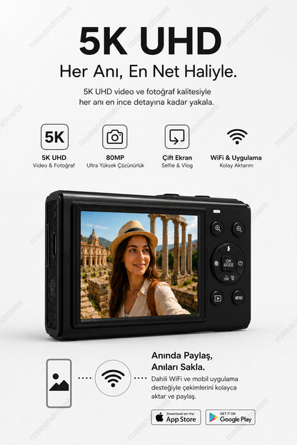 5K UHD Double Display Selfie Vlog Video Foto Kamera (Siyah)