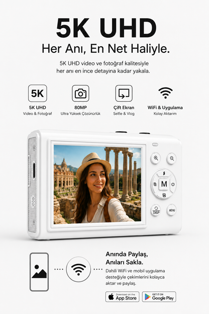 5K UHD Double Display Selfie Vlog Video Foto Kamera (Beyaz)