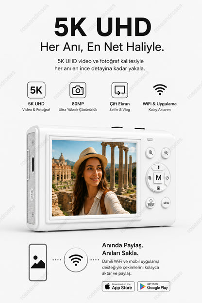 5K UHD Double Display Selfie Vlog Video Foto Kamera (Beyaz)