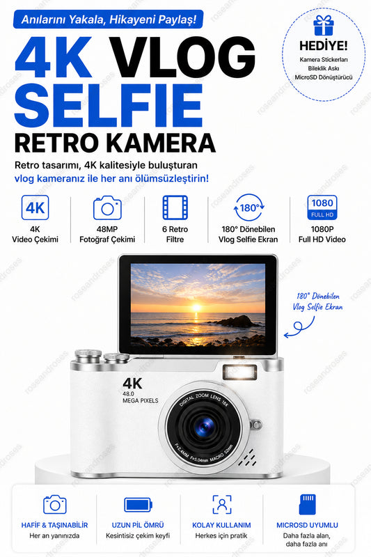 4K Retro Kamera Dönen Ekran Flaşlı Selfie Video Vlog Kamerası (Beyaz)