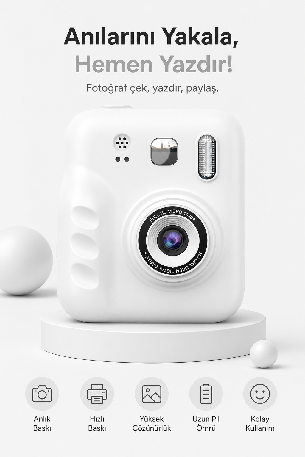 Çift Kameralı Mini Anlık Yazılıcı Printer Kamera (Beyaz)