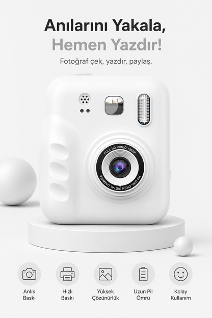 Çift Kameralı Mini Anlık Yazılıcı Printer Kamera (Beyaz)
