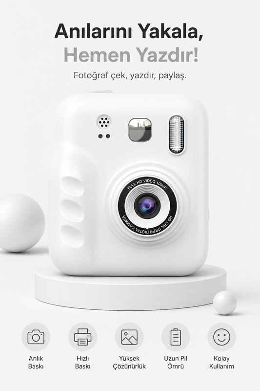 Çift Kameralı Mini Anlık Yazılıcı Printer Kamera (Beyaz)