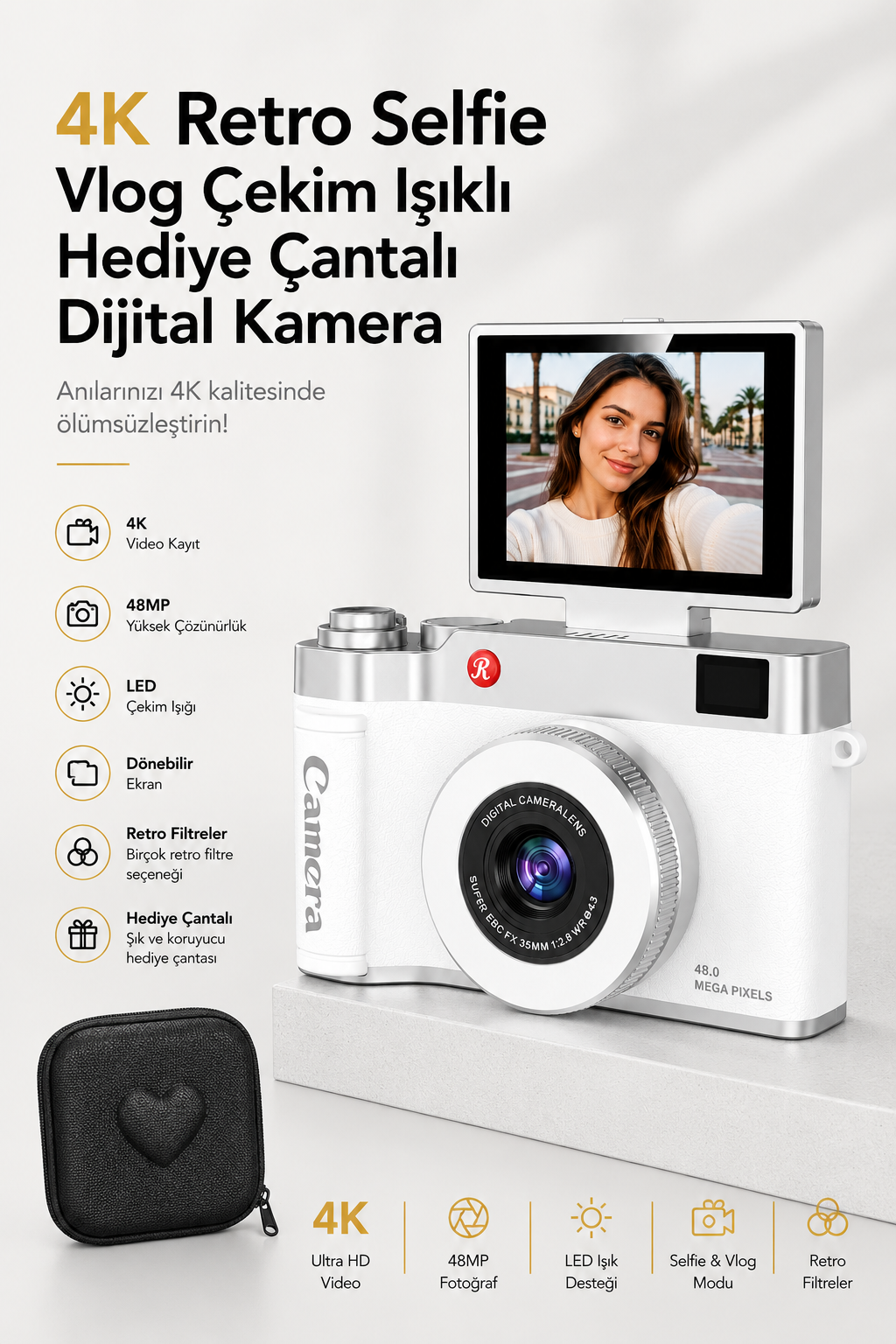 4K Retro Selfie Vlog Çekim Işıklı Hediye Çantalı Dijital Kamera (Beyaz)
