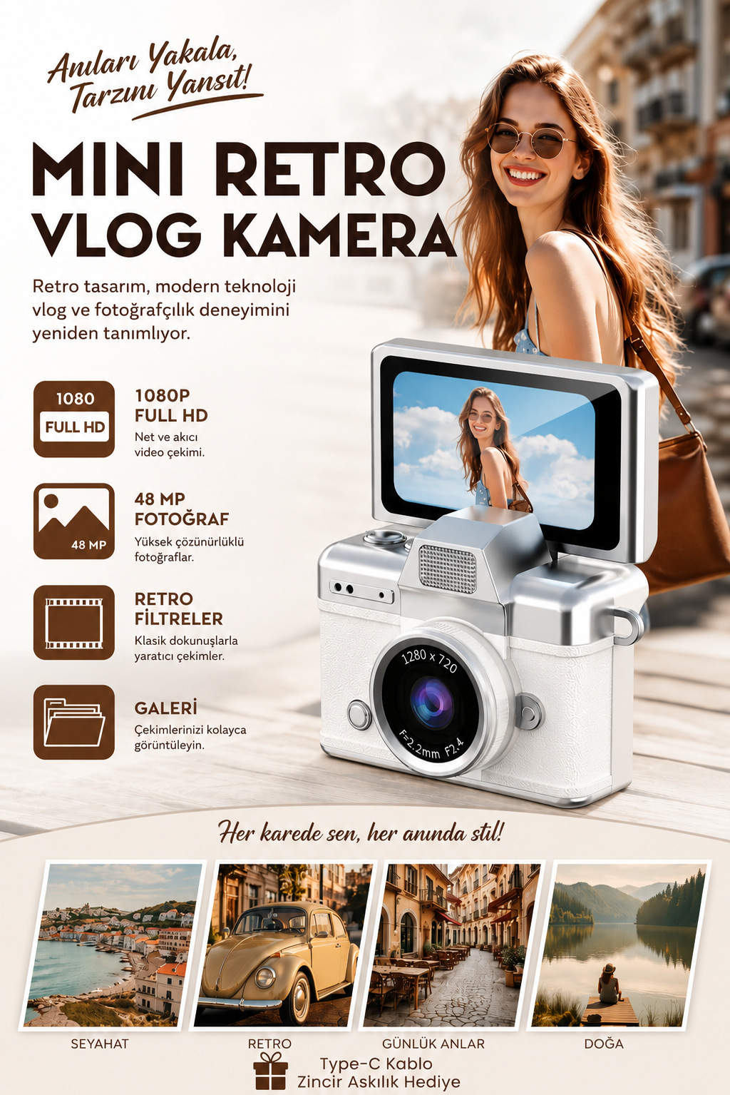 Mini Kamera Dönen Ekran Flaşlı Selfie Video Vlog Kamerası Anahtarlık 1080P+48MP (Beyaz)