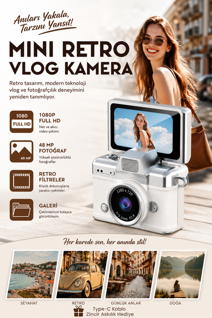 Mini Kamera Dönen Ekran Flaşlı Selfie Video Vlog Kamerası Anahtarlık 1080P+48MP (Beyaz)