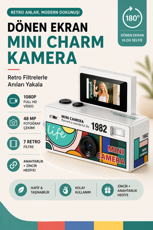 Mini Charm Kamera Dönen Ekran Flaşlı Selfie Video Vlog Kamerası 1080P+48MP (Beyaz)
