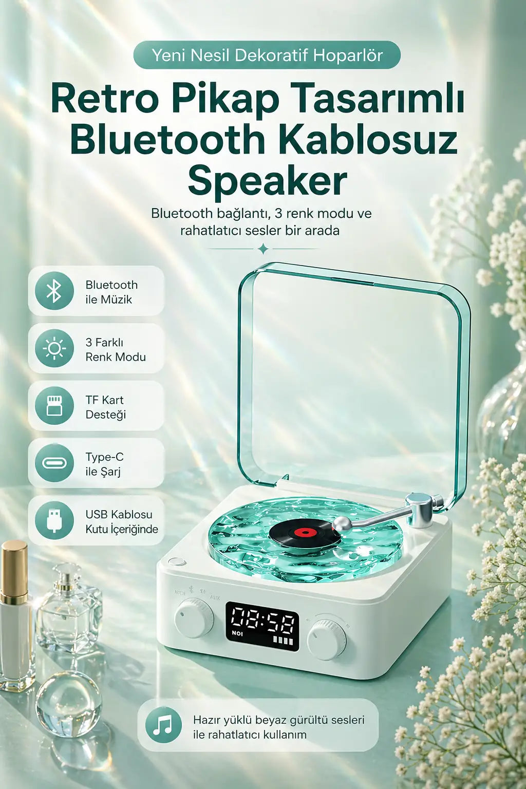 Retro Pikap Tasarımlı Bluetooth Kablosuz Speaker (Beyaz)
