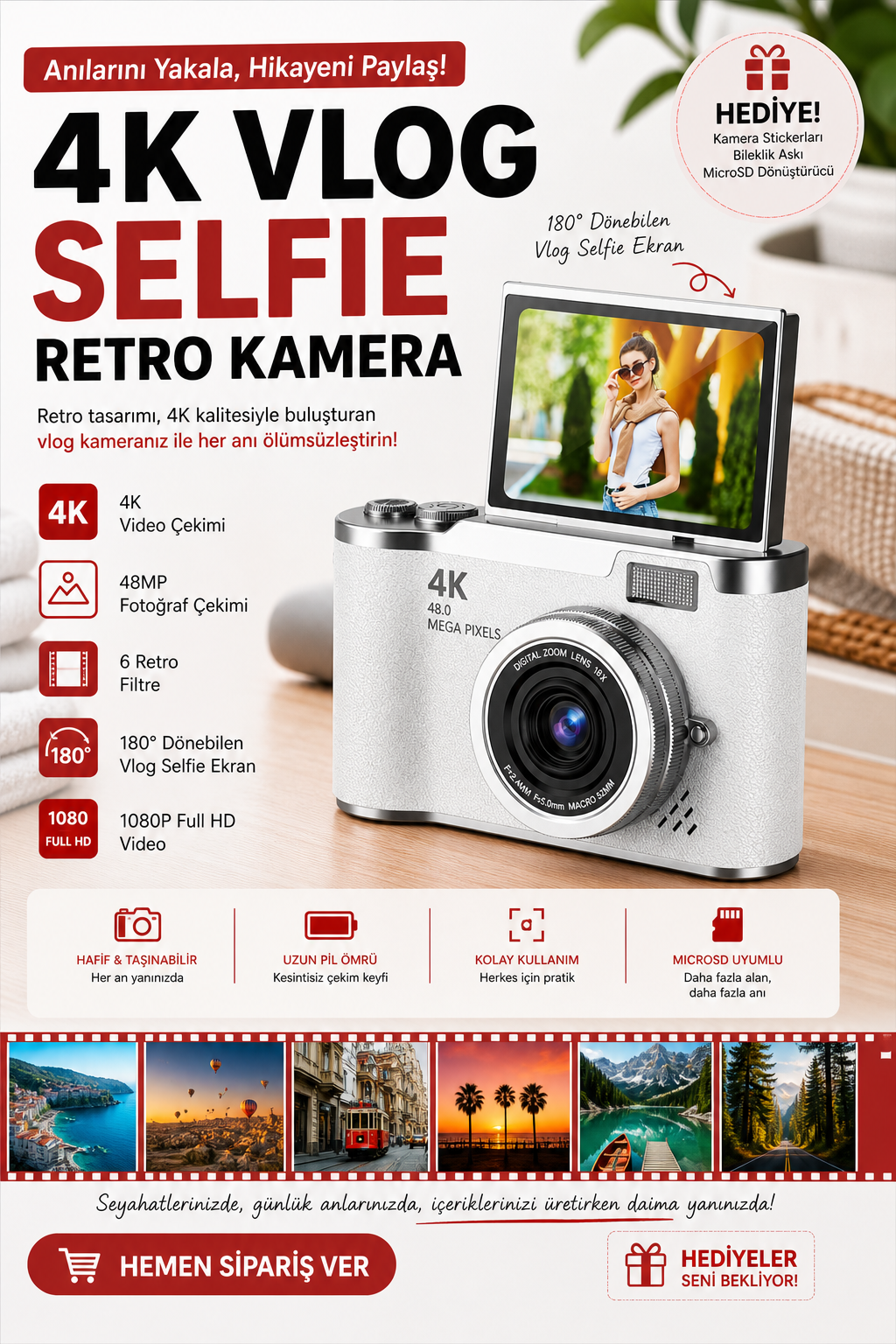 Sticker Hediyeli Retro Kamera Dönen Ekran Flaşlı Selfie Video Vlog Kamerası 4K+48MP (Beyaz)