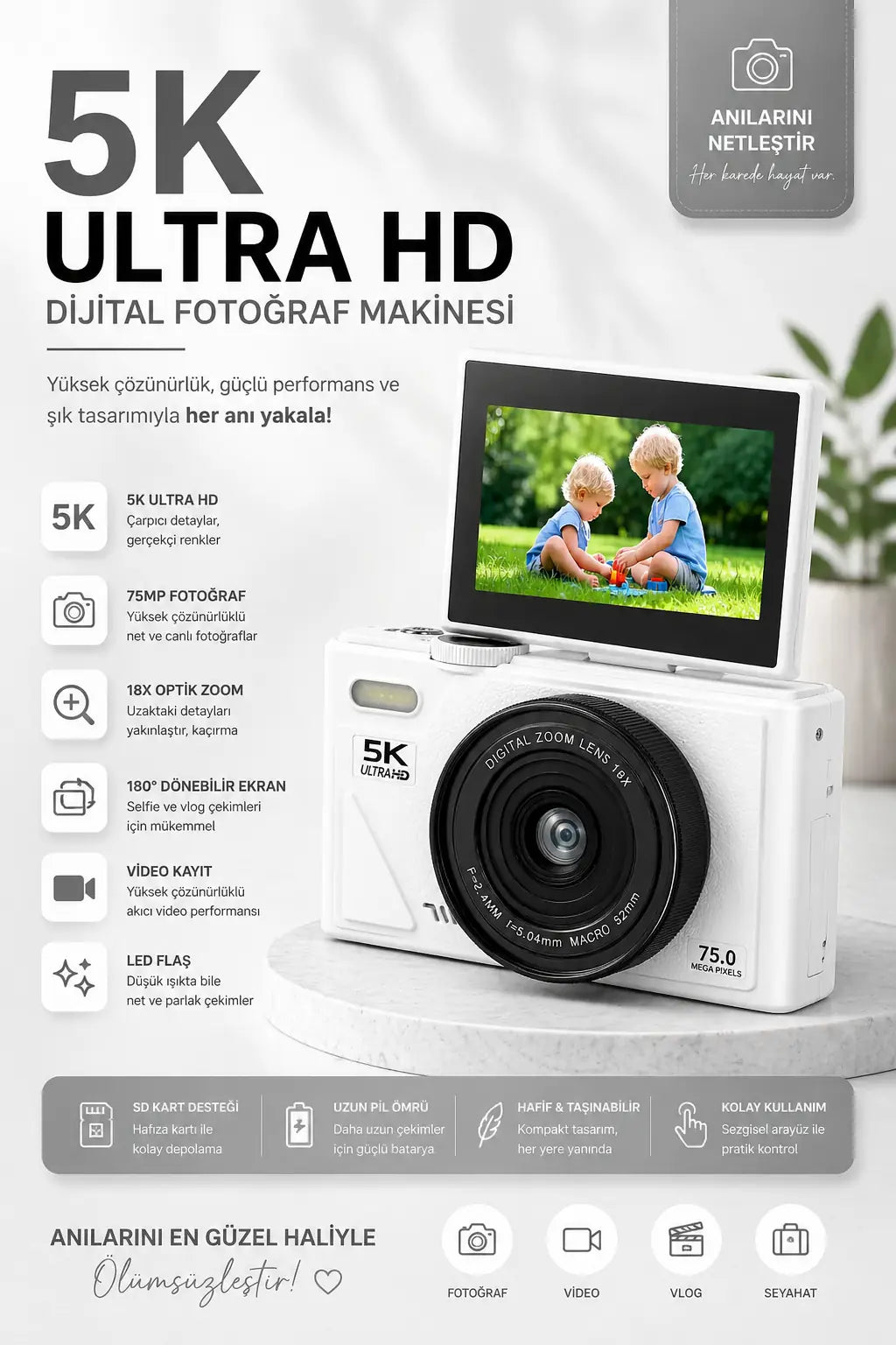 5K UHD 18x Zoom Dönen Ekran Video Foto Vlog Kamera (Beyaz)