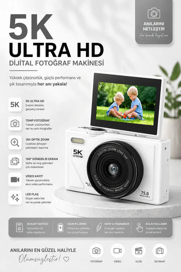 5K UHD 18x Zoom Dönen Ekran Video Foto Vlog Kamera (Beyaz)