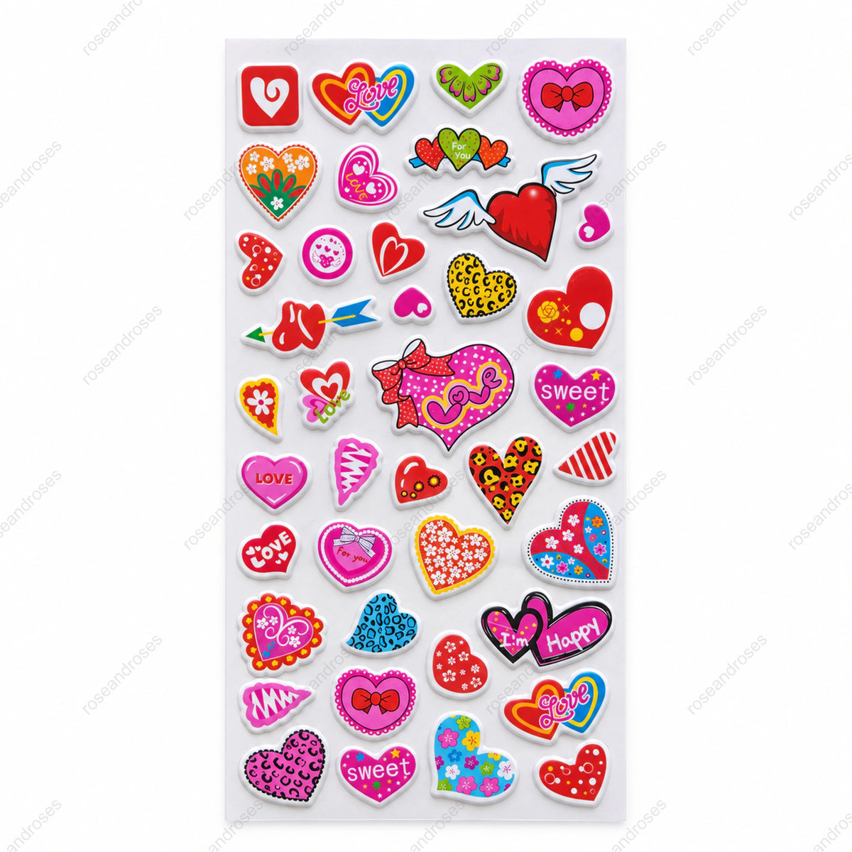Kalp temalı renkli kabarık kamera, telefon ve tablet sticker setinin tamamı