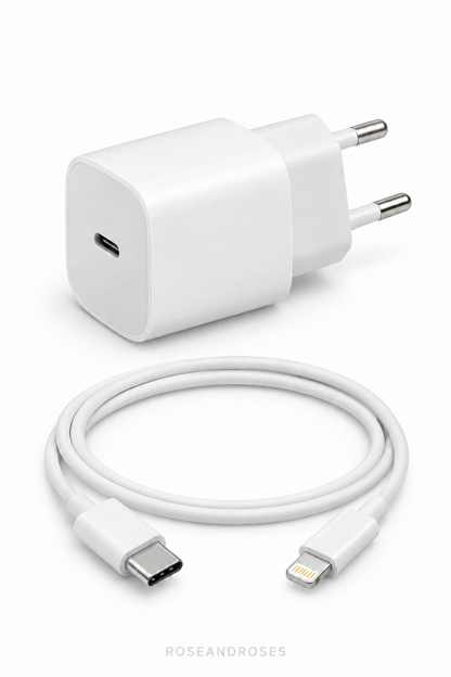 20W PD USB-C Şarj Adaptörü ve 1 Metre Kablo Seti – Lightning – beyaz arka plan
