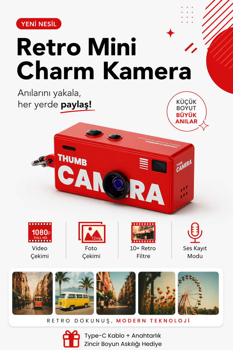 Retro Tasarım Mini Charm Video Foto Kamera (Kırmızı)