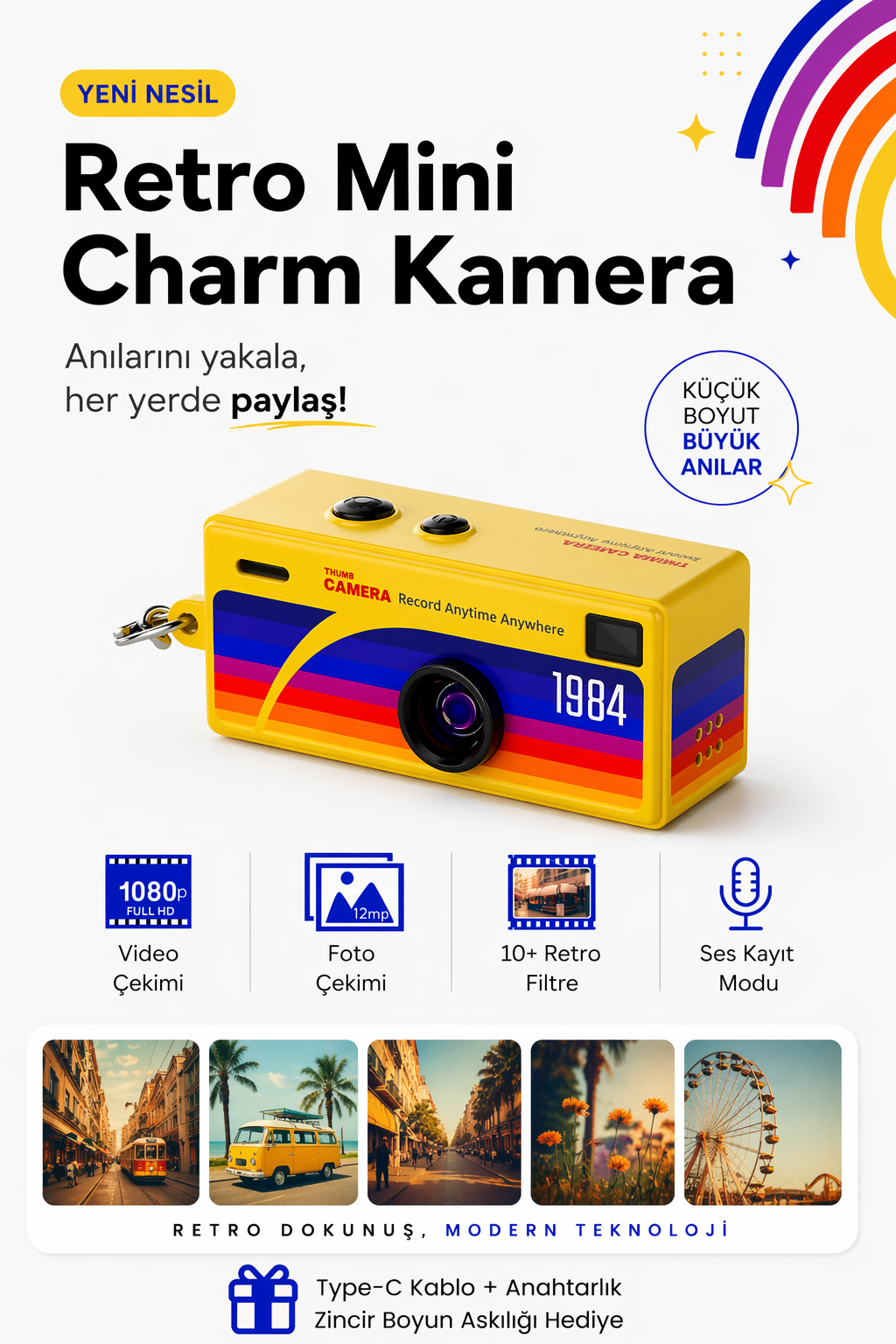Retro Tasarım Mini Charm Video Foto Kamera (Sarı)