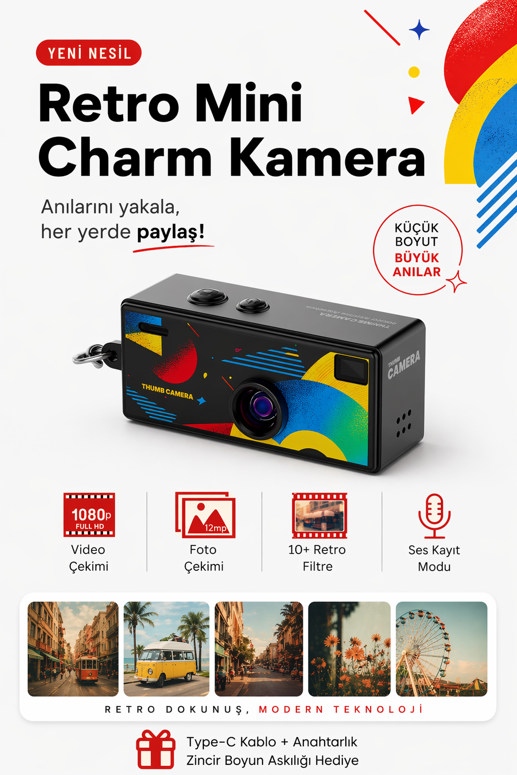 Retro Tasarım Mini Charm Video Foto Kamera (Siyah)