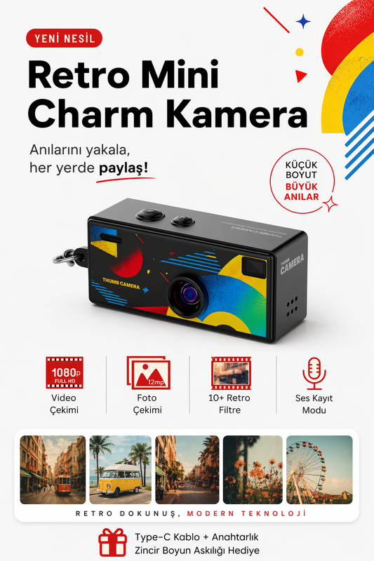 Retro Tasarım Mini Charm Video Foto Kamera (Siyah)