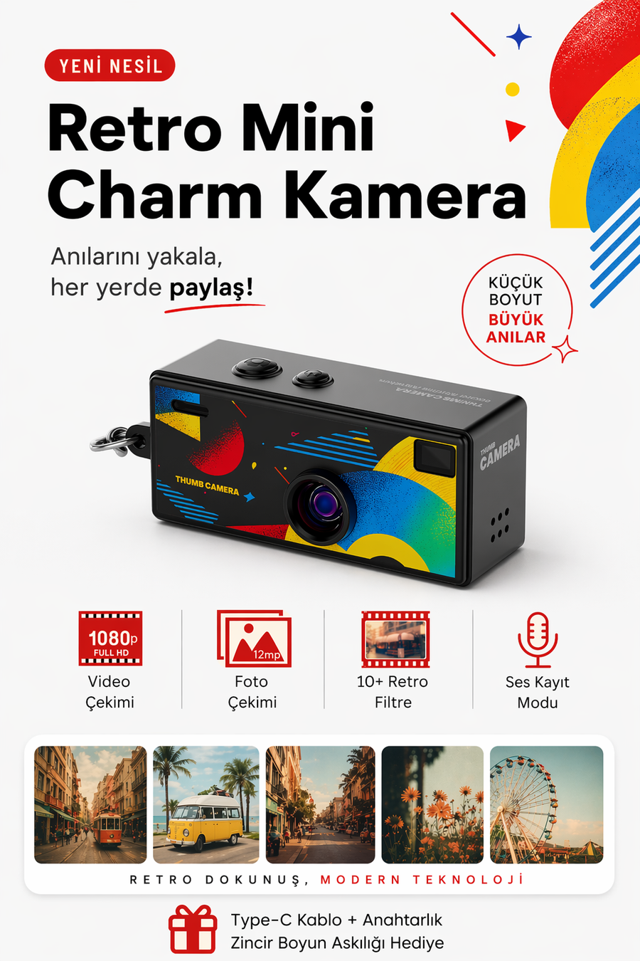 Retro Tasarım Mini Charm Video Foto Kamera (Siyah)
