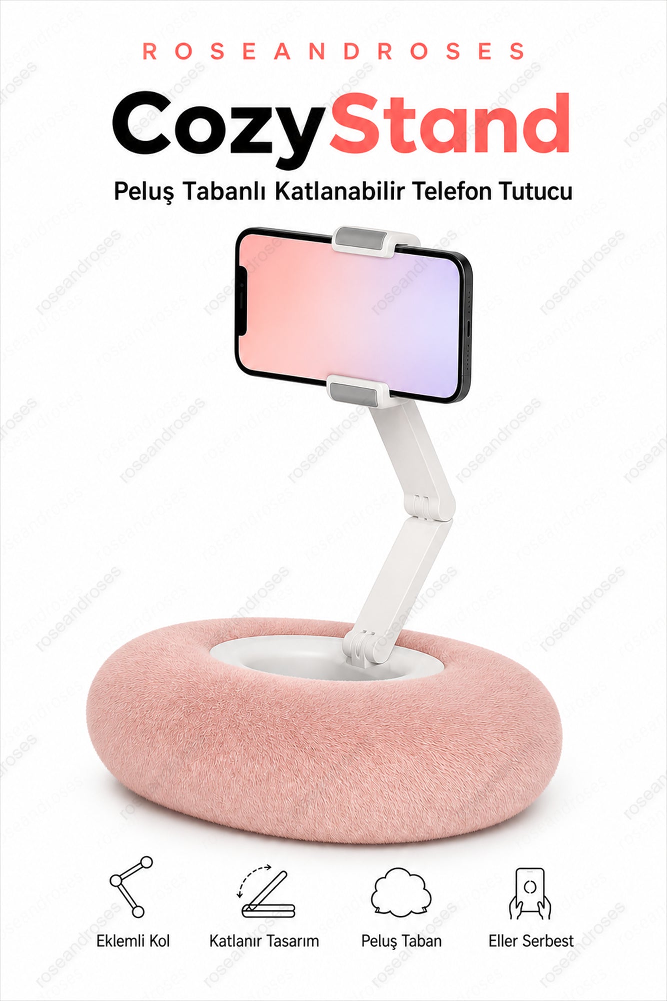 CozyStand Peluş Tabanlı Ayarlanabilir Katlanabilir Telefon Tutucu (Pembe)