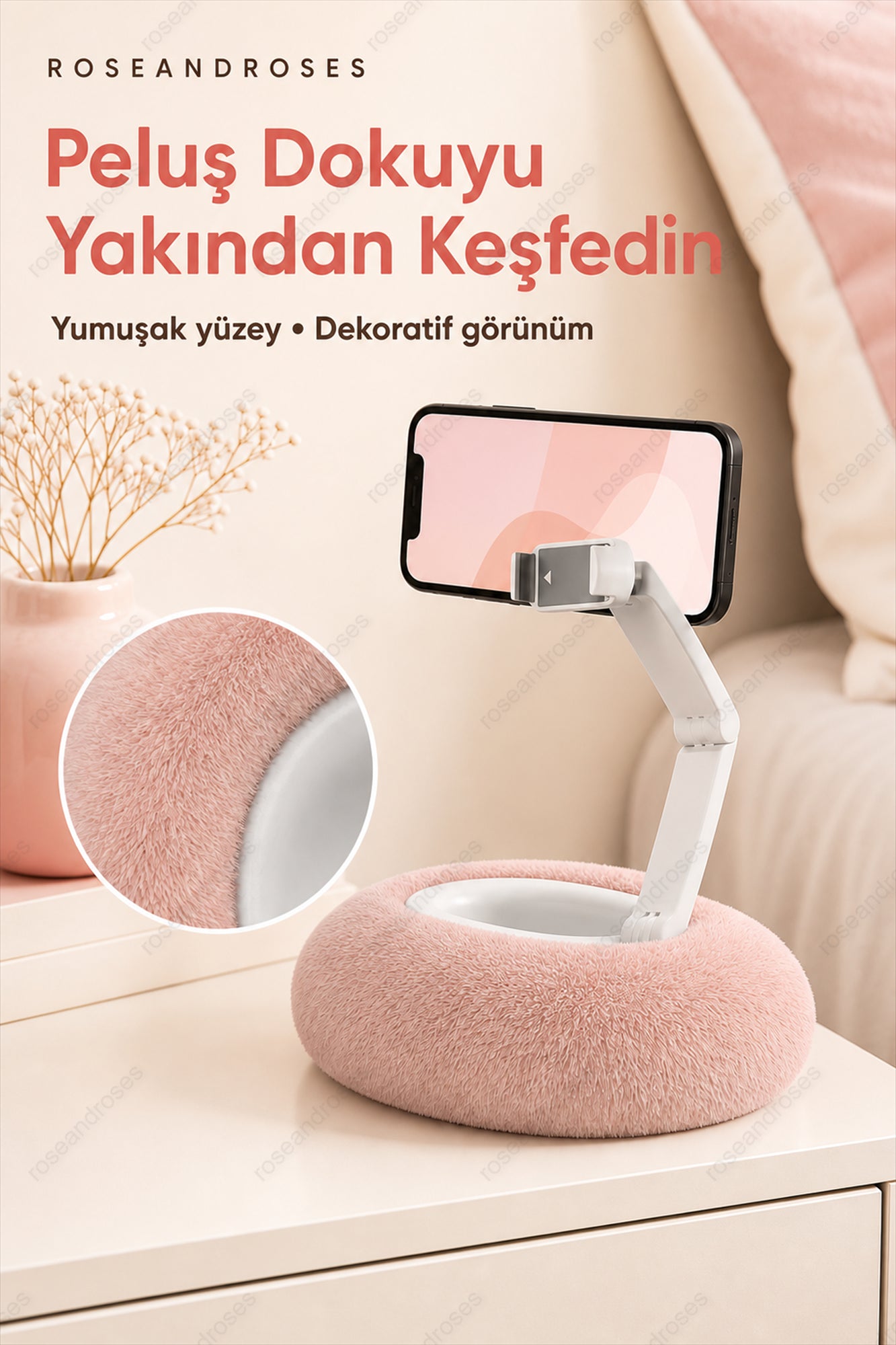 CozyStand Peluş Tabanlı Ayarlanabilir Katlanabilir Telefon Tutucu (Pembe)