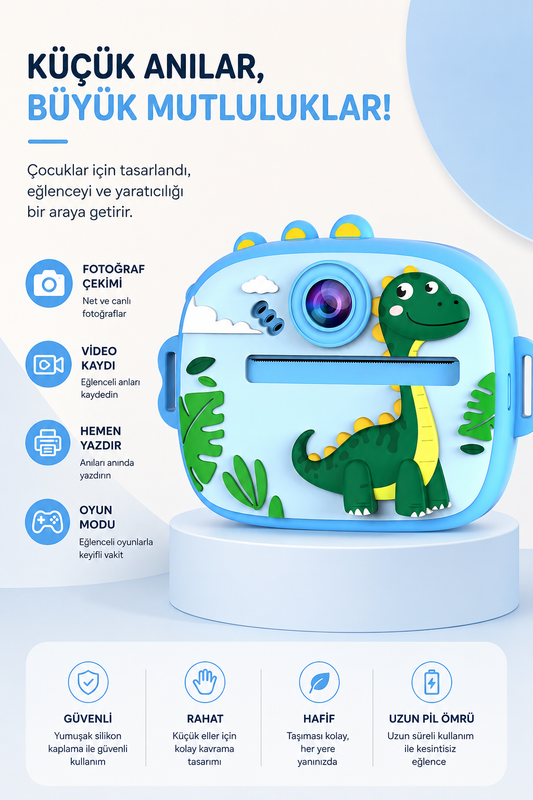 Silikon Korumalı Çift Kameralı Çocuk Printer Kamera (Dino Mavi)