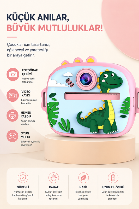 Silikon Korumalı Çift Kameralı Çocuk Printer Kamera (Dino Pembe)