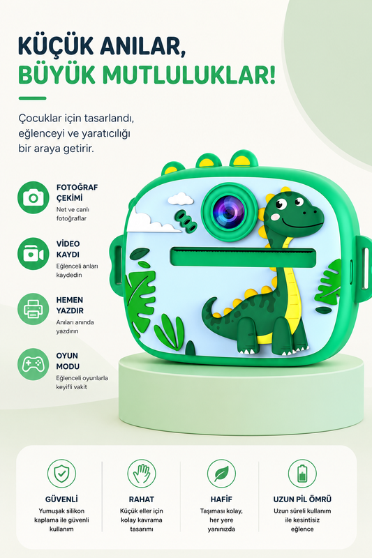 Silikon Korumalı Çift Kameralı Çocuk Printer Kamera (Dino Yeşil)