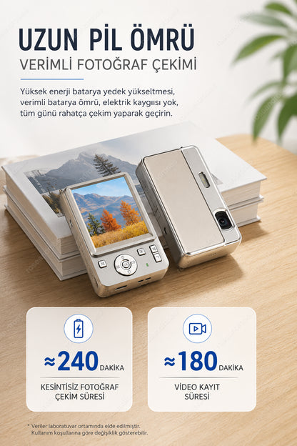 4K UHD Sliding Kamera – Kaydırmalı Lens Kapaklı Video Foto Kamera (Pembe)