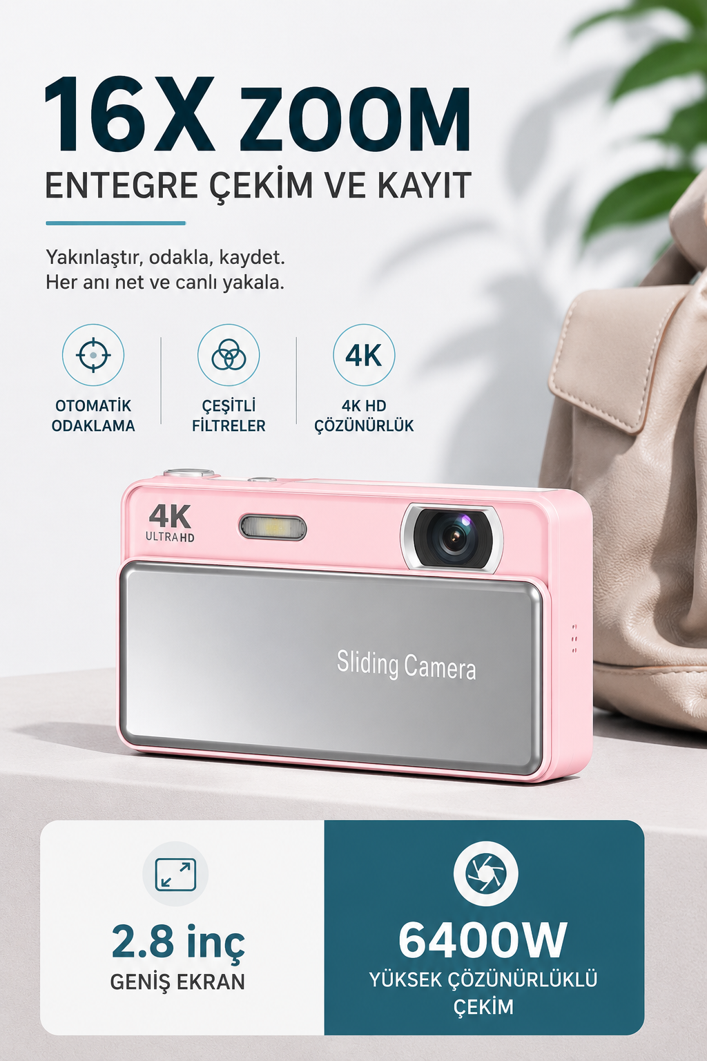 4K UHD Sliding Kamera – Kaydırmalı Lens Kapaklı Video Foto Kamera (Pembe)