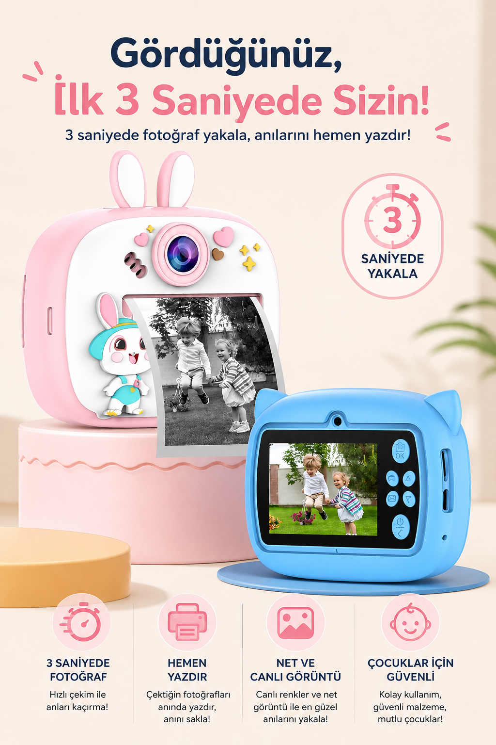 Silikon Korumalı Çift Kameralı Çocuk Printer Kamera (Dino Pembe)