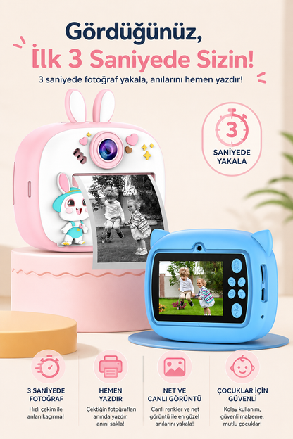 Silikon Korumalı Çift Kameralı Çocuk Printer Kamera (Dino Pembe)