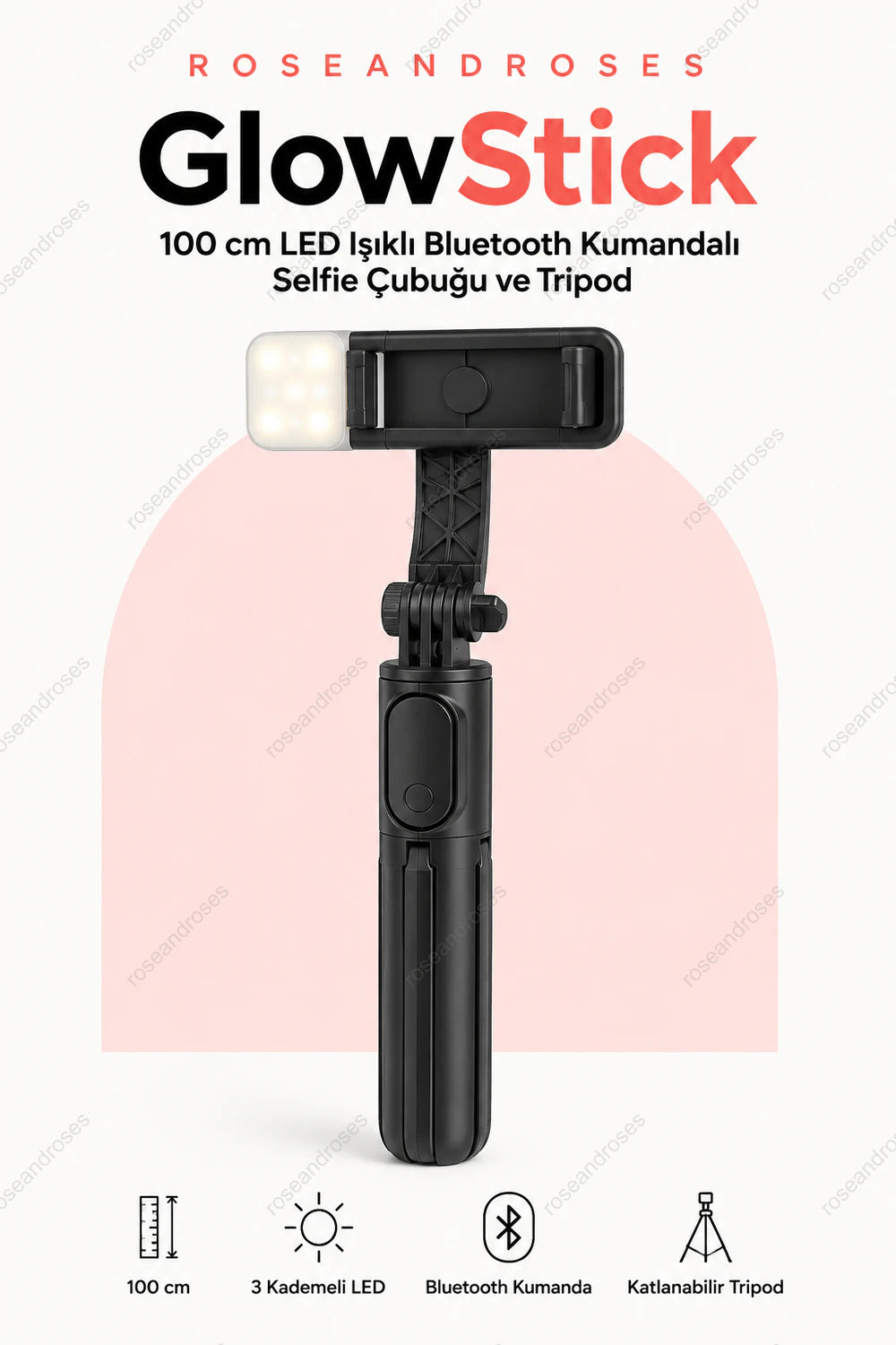 GlowStick siyah LED ışıklı tripod selfie çubuğu ve çıkarılabilir Bluetooth kumandası