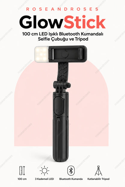 GlowStick siyah LED ışıklı tripod selfie çubuğu ve çıkarılabilir Bluetooth kumandası