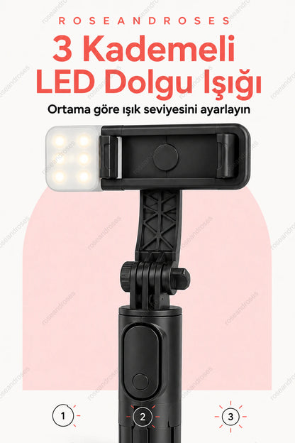 GlowStick siyah selfie çubuğundaki üç kademeli LED dolgu ışığı detayı