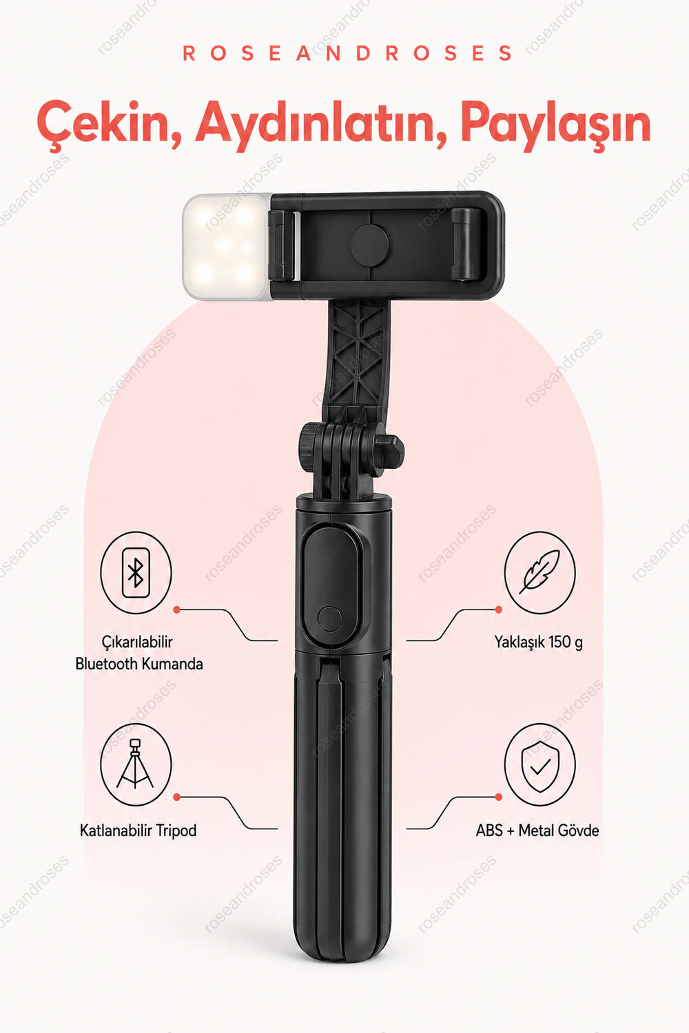 GlowStick'in yedi kademeli teleskopik gövdesi, entegre tripod ayakları ve kumandası