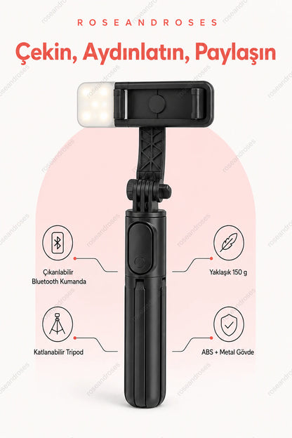 GlowStick'in yedi kademeli teleskopik gövdesi, entegre tripod ayakları ve kumandası