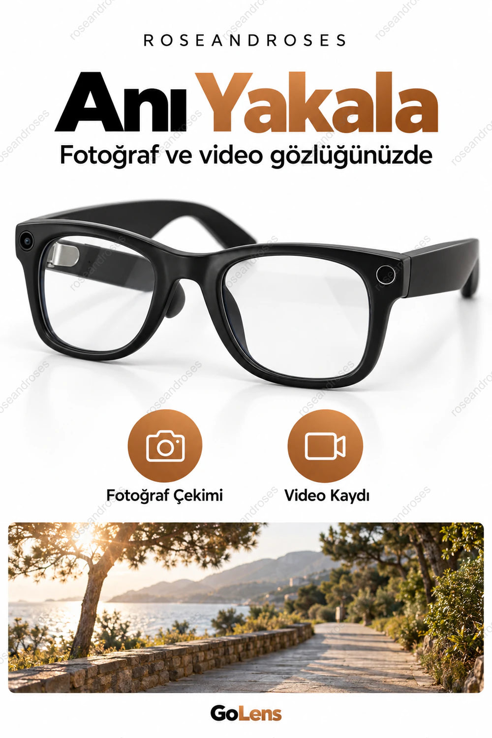 GoLens siyah şeffaf lensli akıllı gözlük ile fotoğraf ve video kaydı