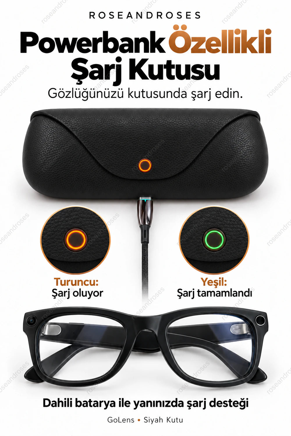 GoLens siyah powerbank özellikli şarj kutusu; turuncu şarj oluyor, yeşil şarj tamamlandı göstergesi