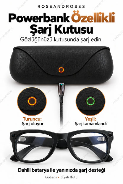 GoLens siyah powerbank özellikli şarj kutusu; turuncu şarj oluyor, yeşil şarj tamamlandı göstergesi