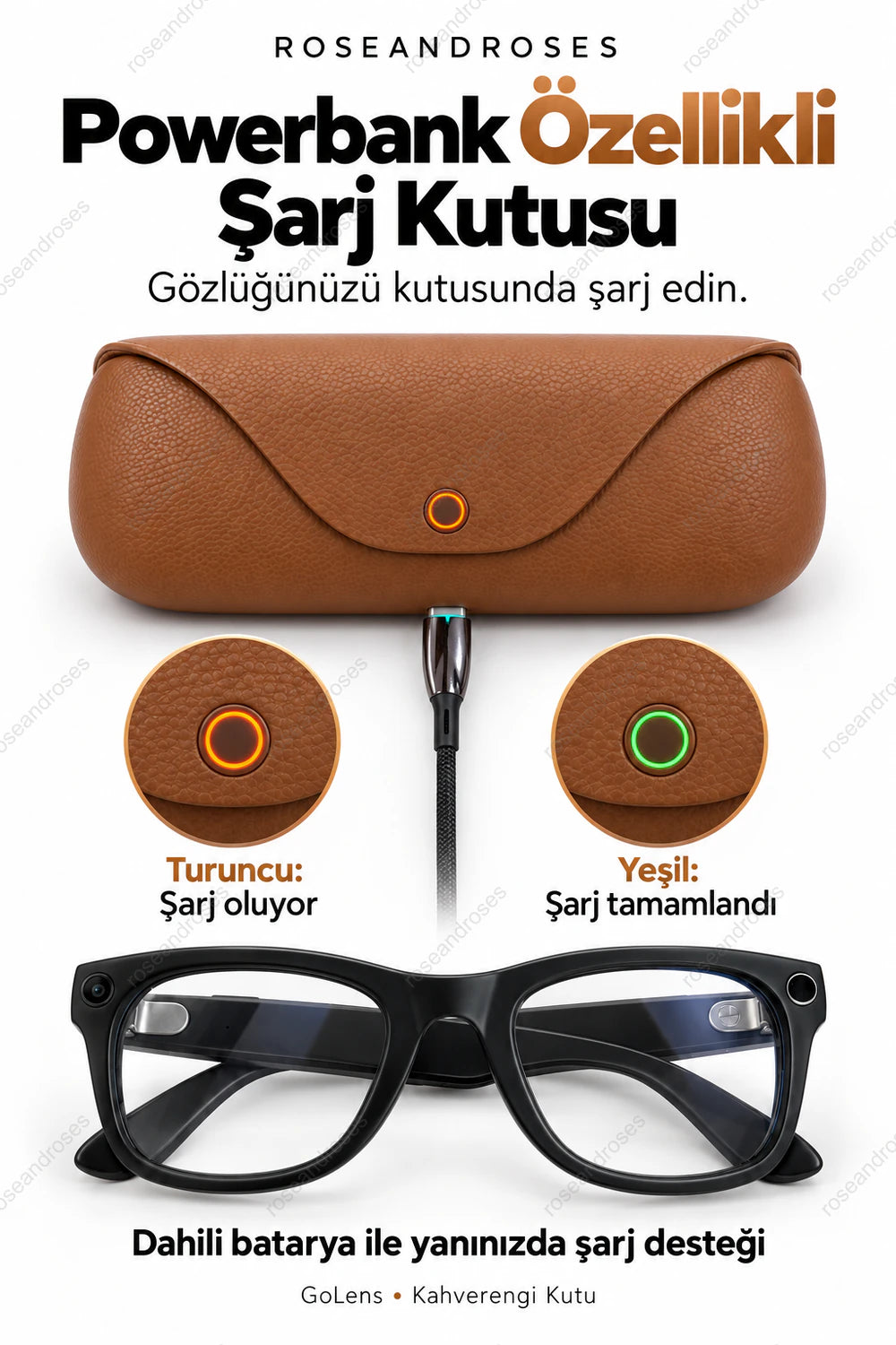 GoLens kahverengi powerbank özellikli şarj kutusu; turuncu şarj oluyor, yeşil şarj tamamlandı göstergesi