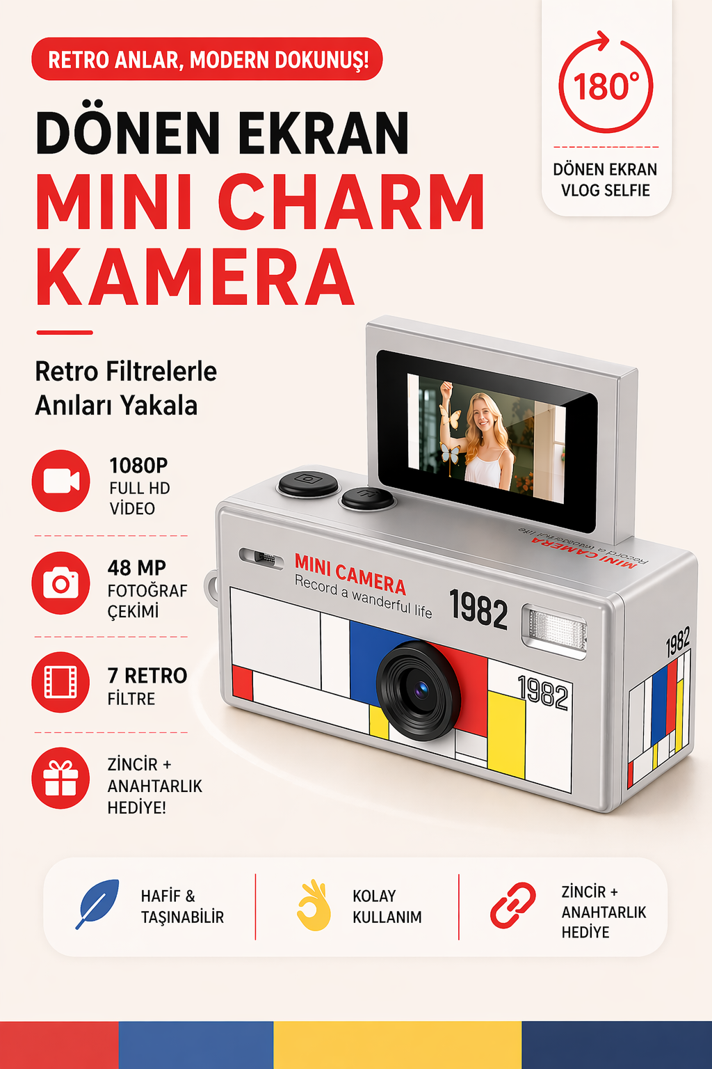 Mini Charm Kamera Dönen Ekran Flaşlı Selfie Video Vlog Kamerası 1080P+48MP (Gri)